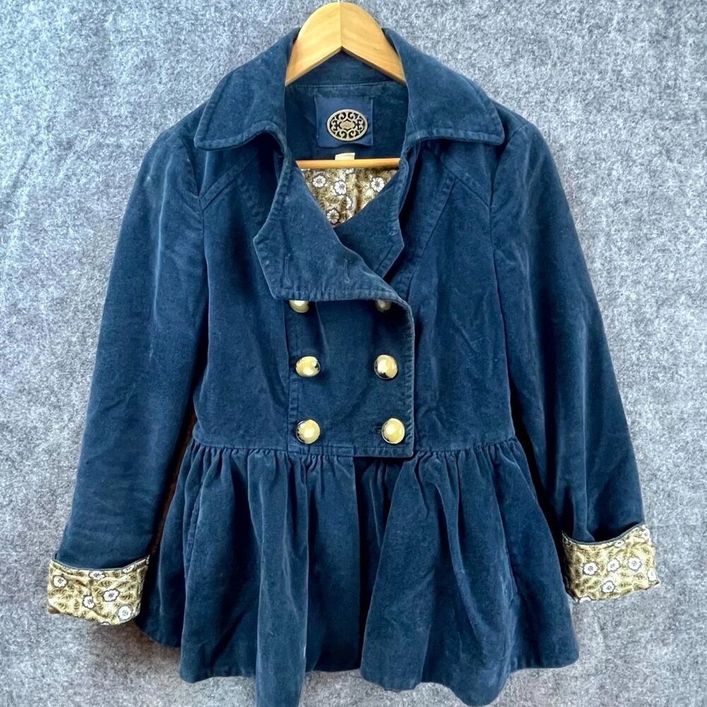 Anthropologie Idra Jacket Women 2 Blue Velvet Double Breasted Peplum